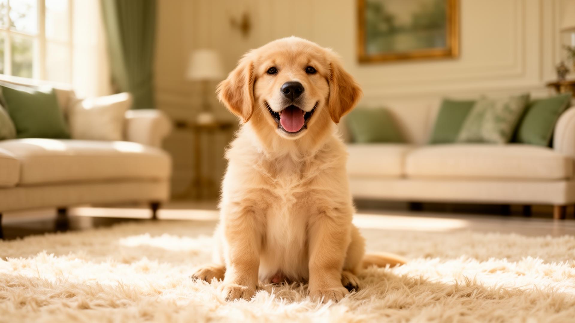 Golden retriever puppy in a sunlit living room
